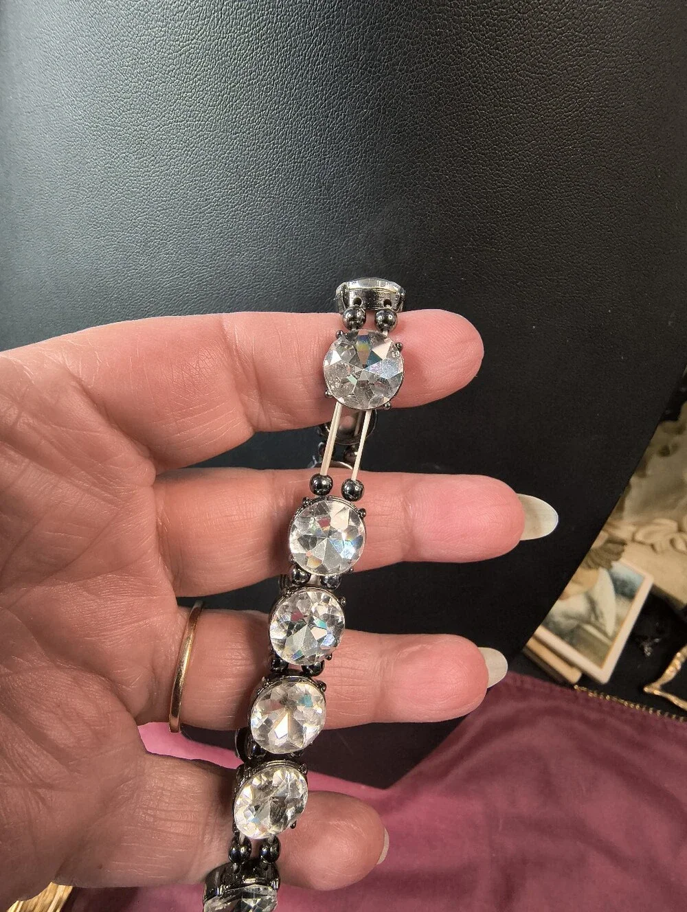 Statement Clear Glass Rhinestone Stretch Bracelet Gunmetal Sparkle